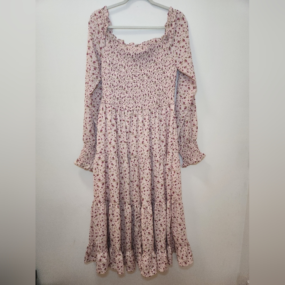 Aura Boho Floral Midi Dress Smocked Fit&Flare Long Sleeve Romantic Fluence Sz L - Picture 4 of 16